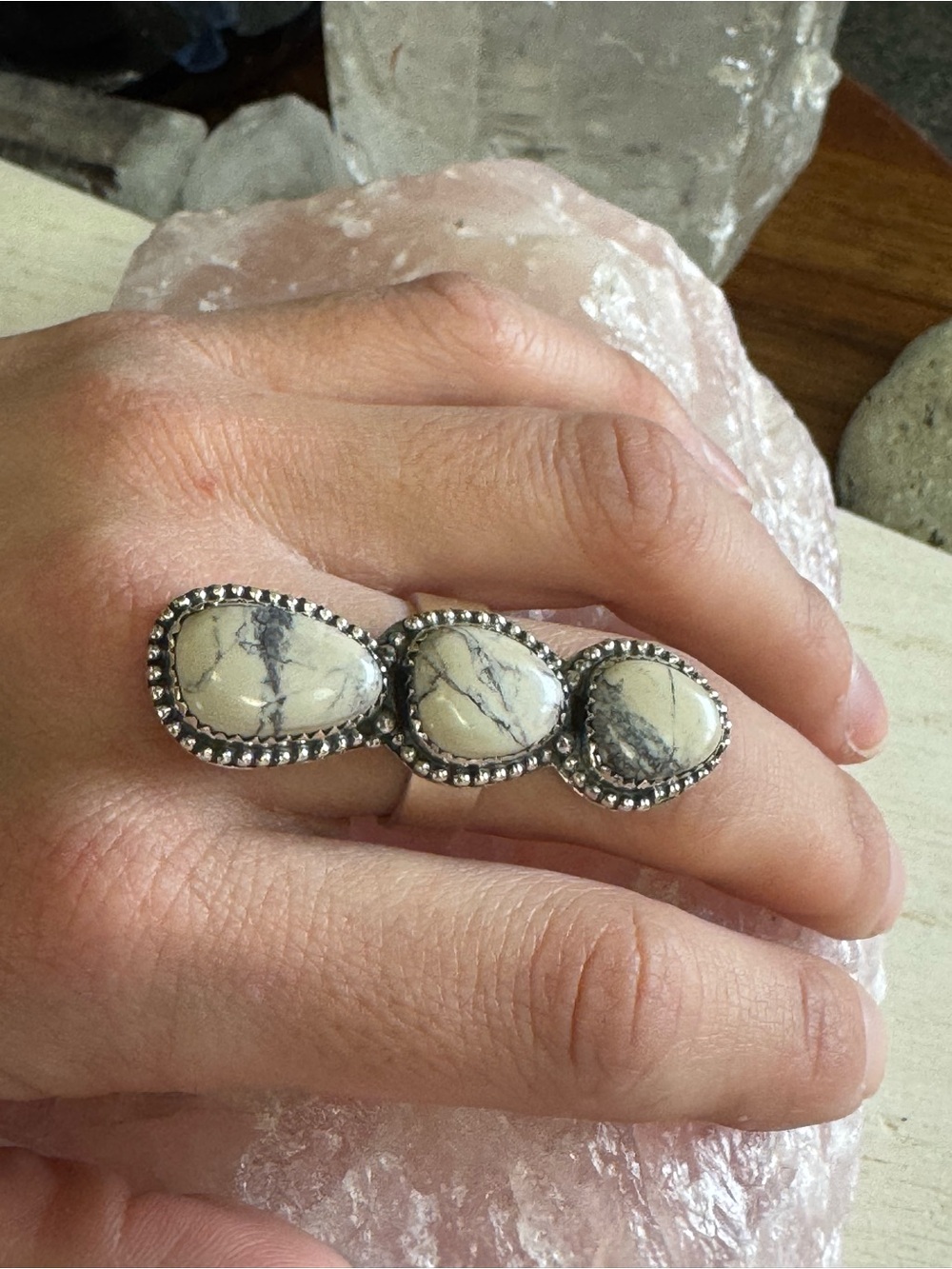 Southwestern Porcelain Jasper Triple Stone Sterling Silver Statement Ring